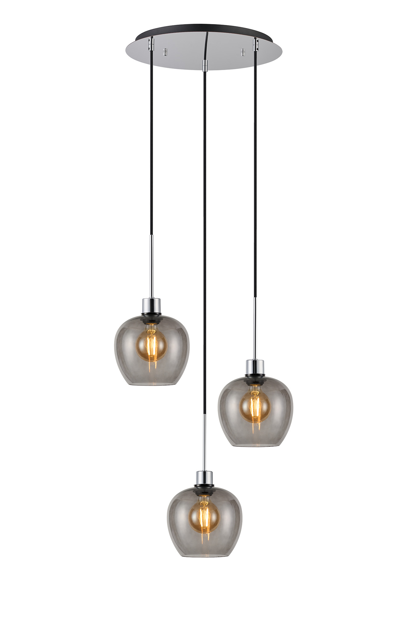 DK1278  Lori 40cm Round Pendant, 3 Light Adjustable E27, Polished Chrome/Smoke Wine Shades